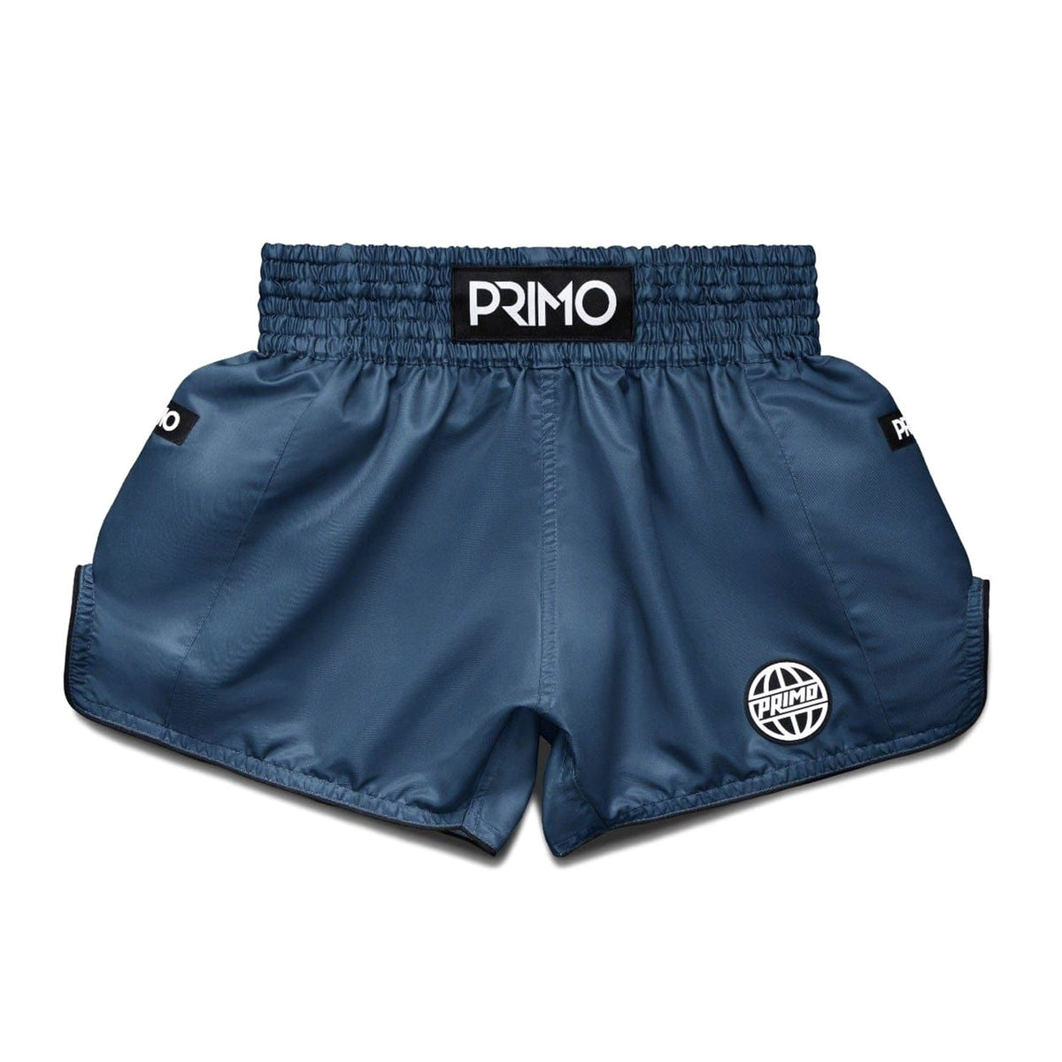Blue athletic shorts with 'Primo' branding on a white background