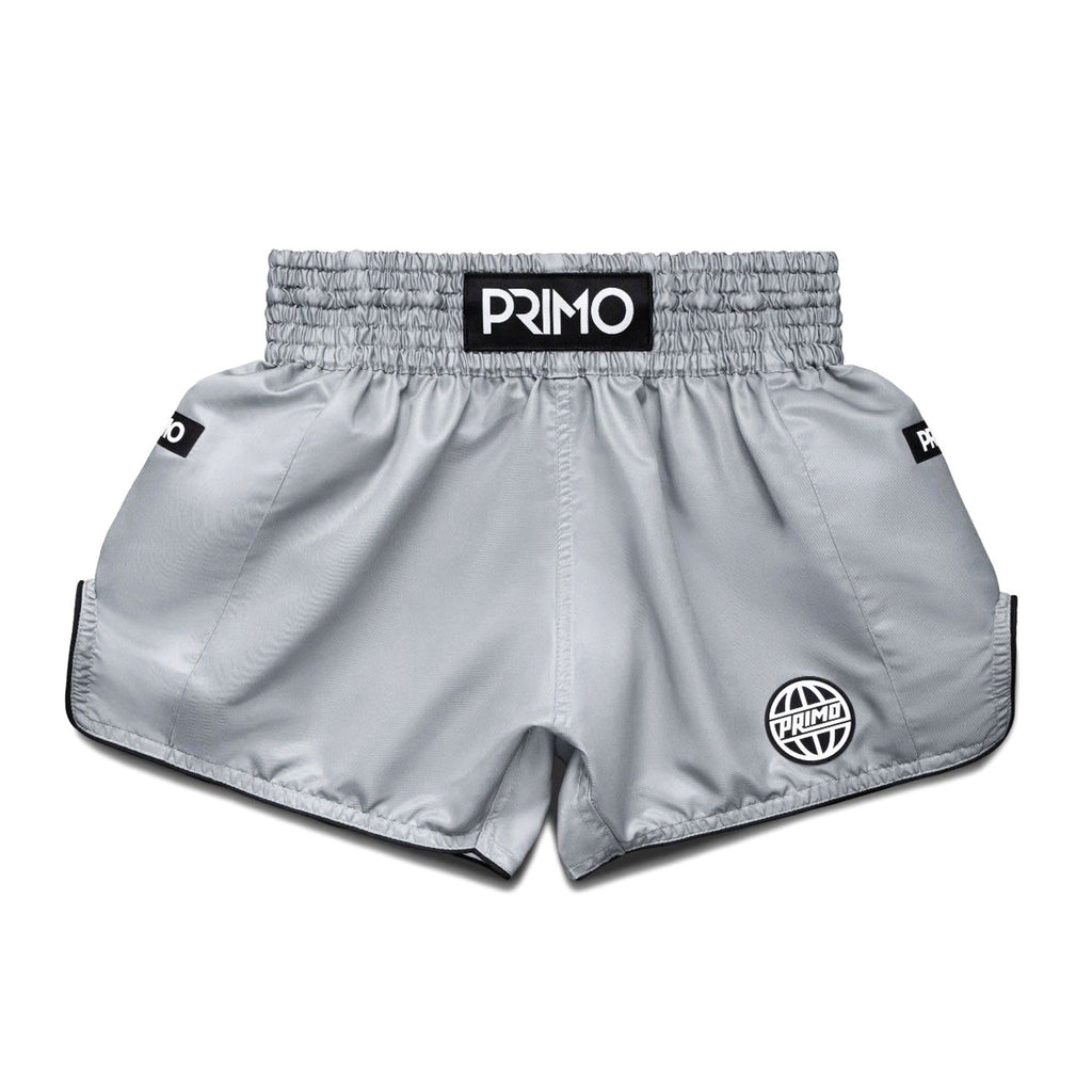 Gray athletic shorts with 'Primo' branding on a light gray background
