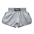 Gray athletic shorts with 'Primo' branding on a light gray background