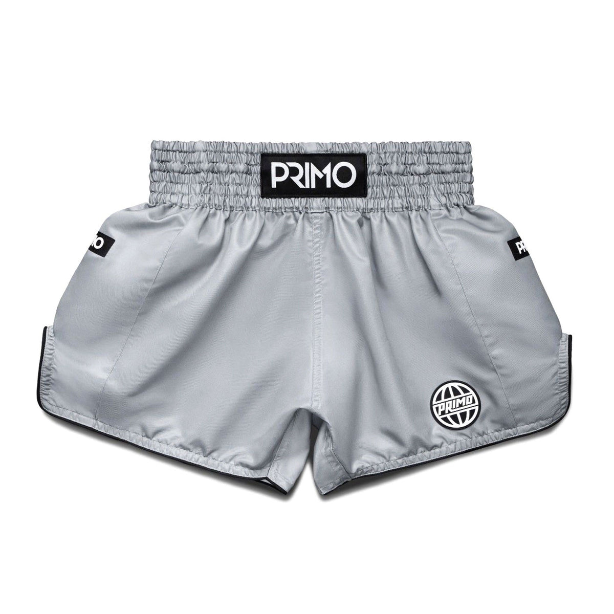 Gray athletic shorts with 'Primo' branding on a light gray background