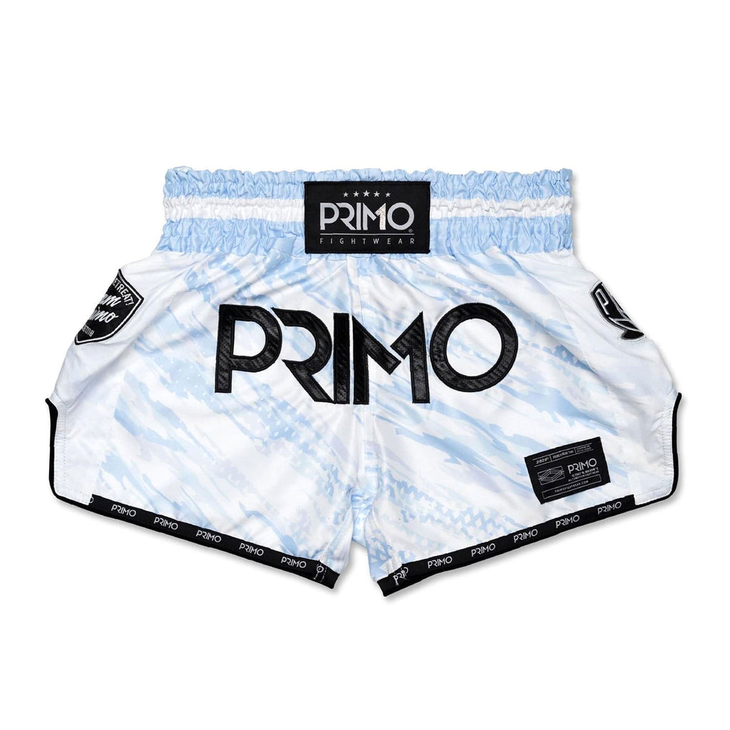 White boxing shorts with blue patterns and 'Primo' branding on a white background