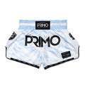 White boxing shorts with blue patterns and 'Primo' branding on a white background