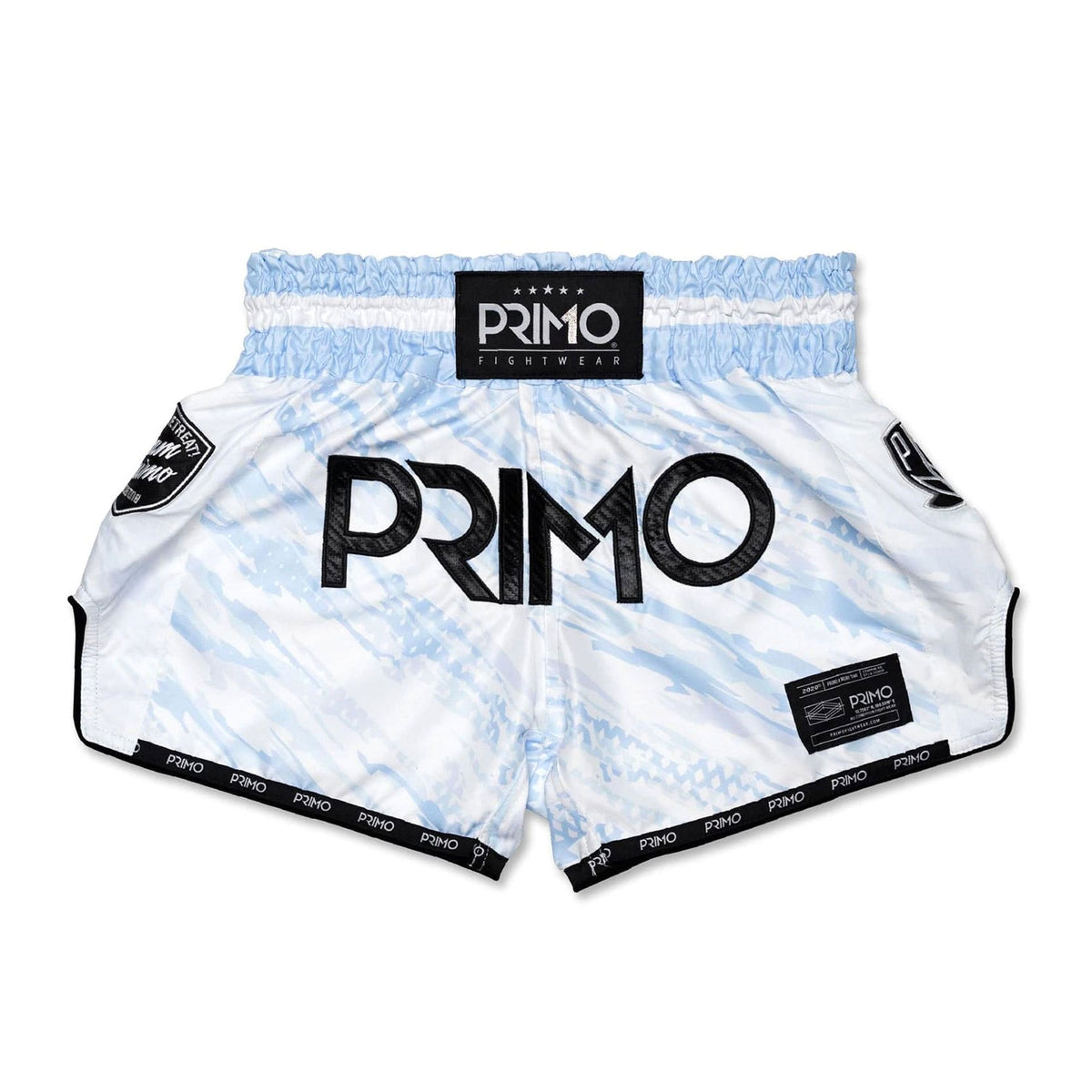 White boxing shorts with blue patterns and 'Primo' branding on a white background