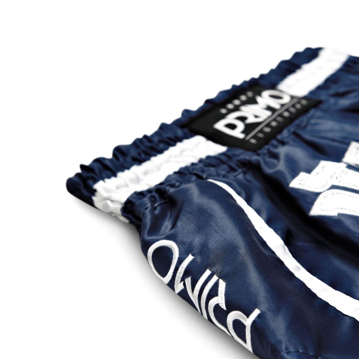 Navy blue shorts with white accents and a brand logo on a white background