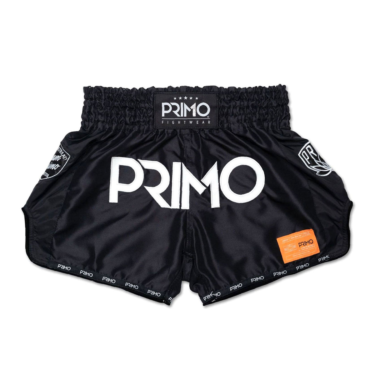 Black Primo fight shorts with branding on a white background