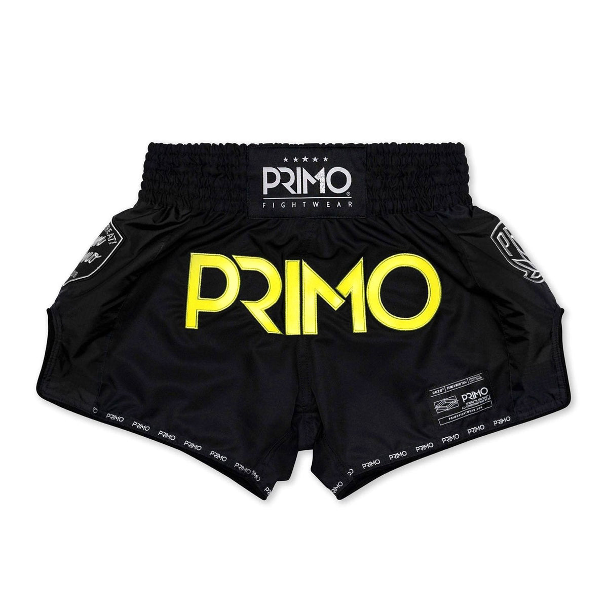 Black boxing shorts with yellow 'Primo' branding on a white background