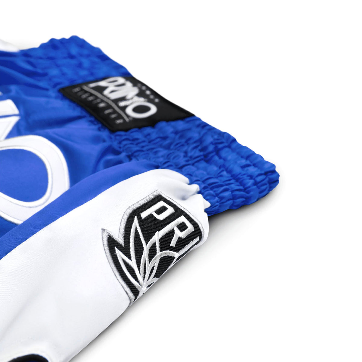 Blue and white athletic shorts with brand logos on a white background