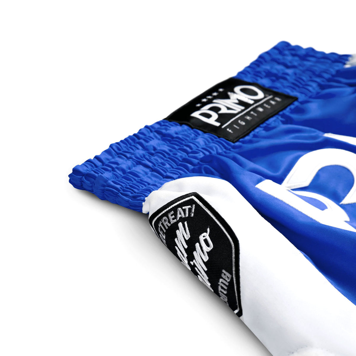 Blue and white athletic shorts with brand logo on a white background