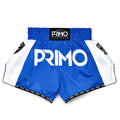 Blue and white boxing shorts with 'Primo' branding on a white background