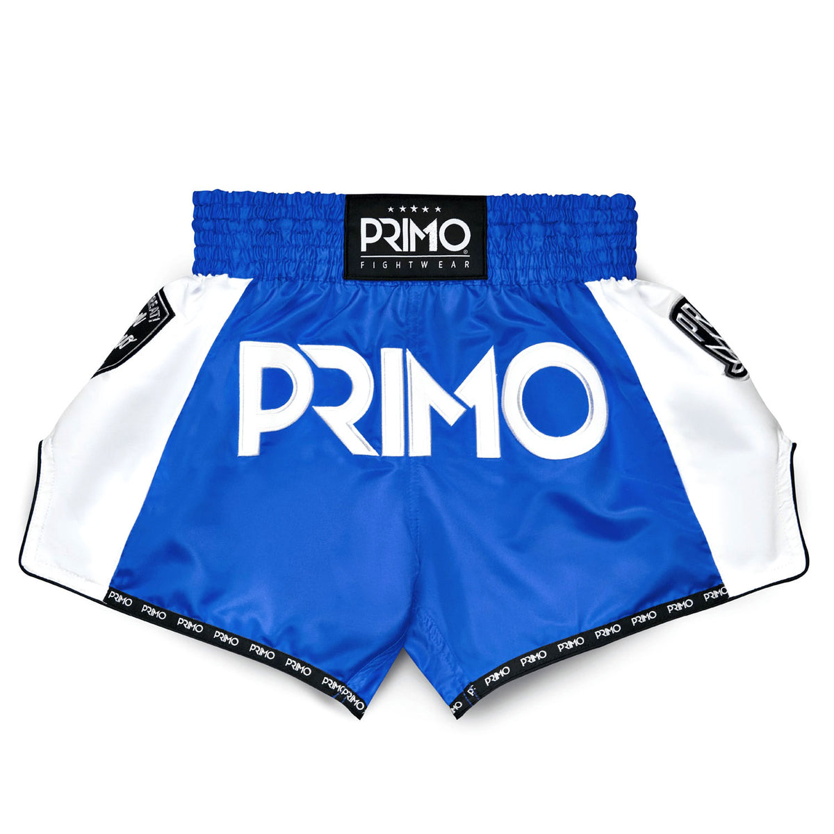 Blue and white boxing shorts with 'Primo' branding on a white background