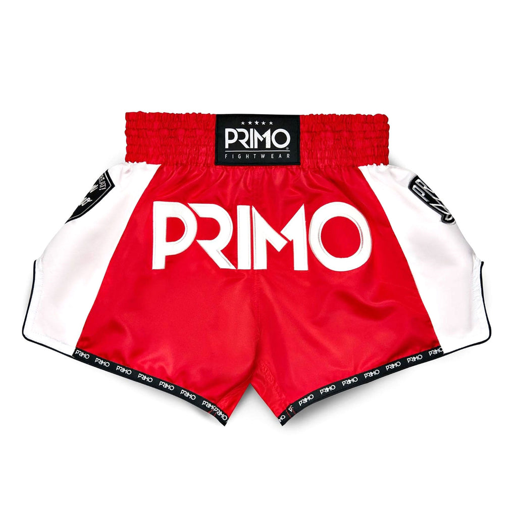 Red and white boxing shorts with 'Primo' branding on a white background