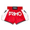 Red and white boxing shorts with 'Primo' branding on a white background