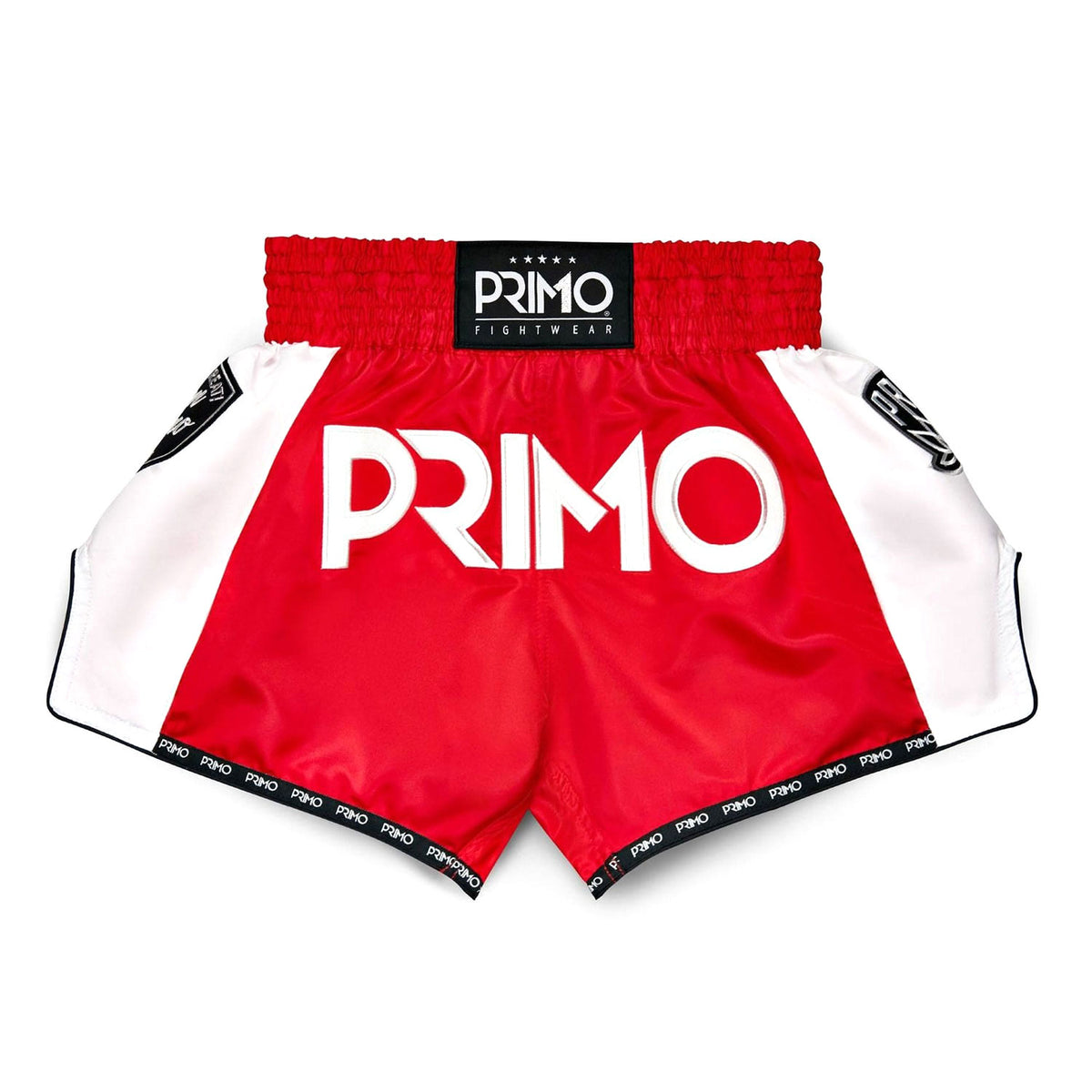 Red and white boxing shorts with 'Primo' branding on a white background
