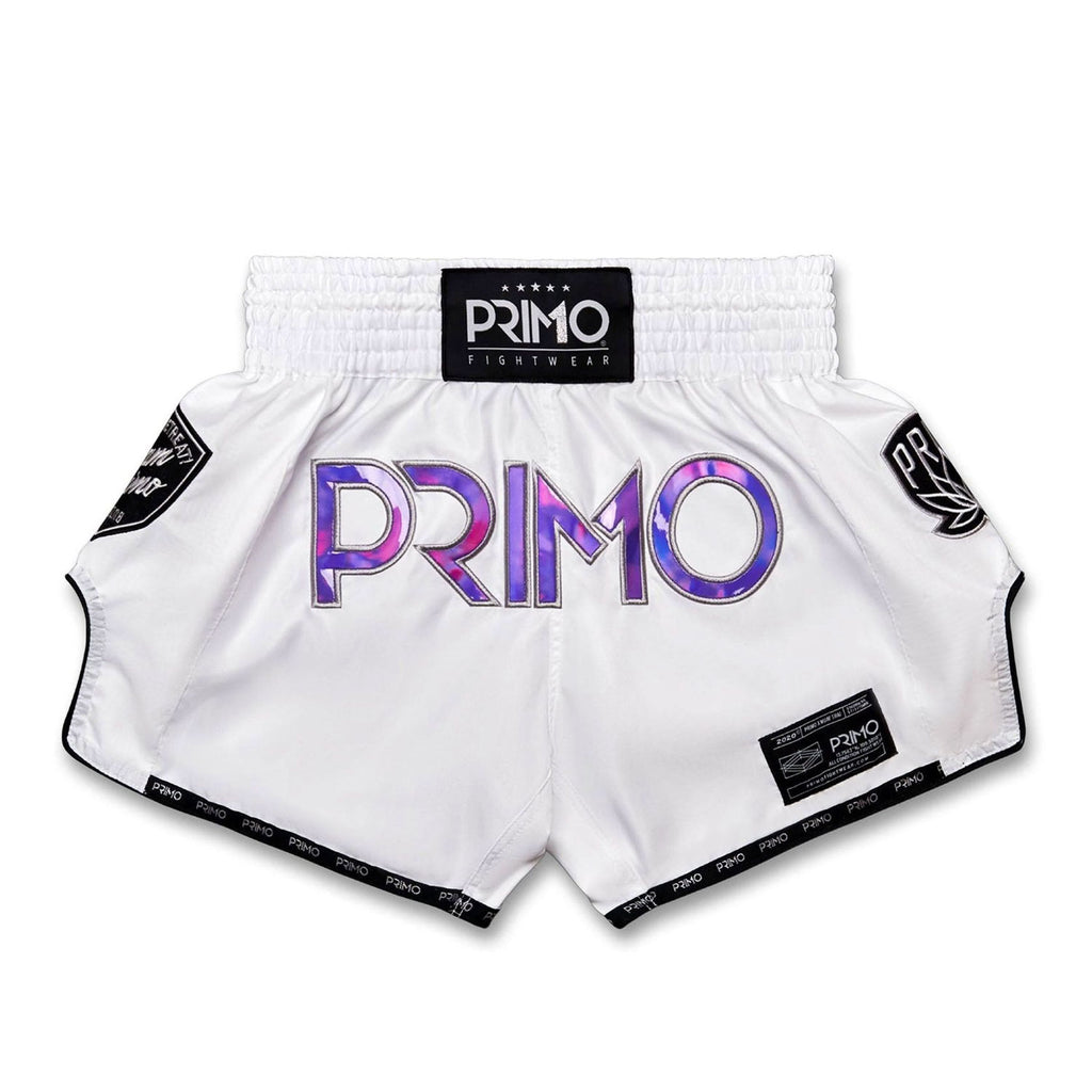 White boxing shorts with 'Primo' branding on a white background