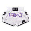 White boxing shorts with 'Primo' branding on a white background