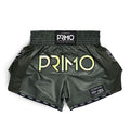 Green boxing shorts with 'Primo' branding on a white background