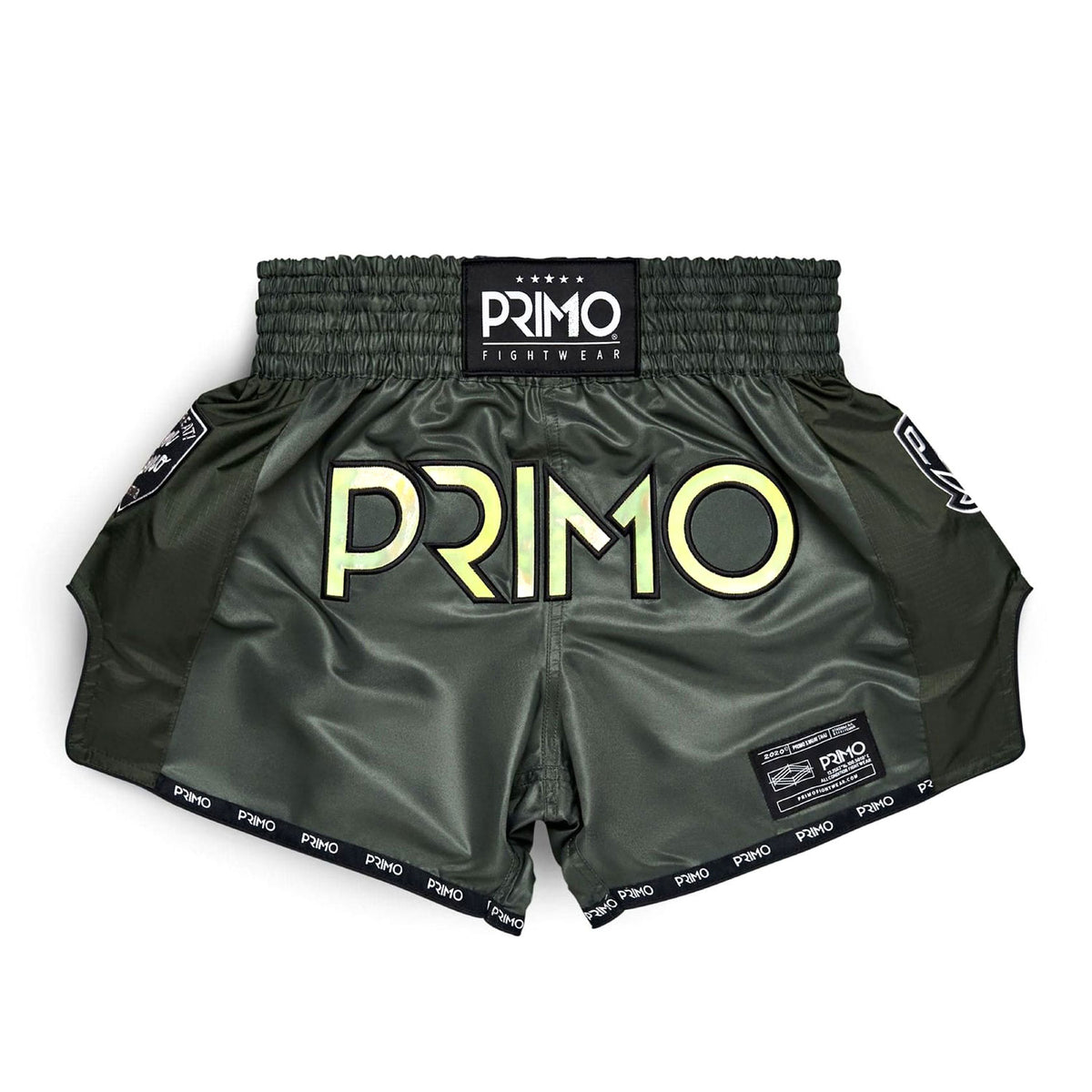 Green boxing shorts with 'Primo' branding on a white background