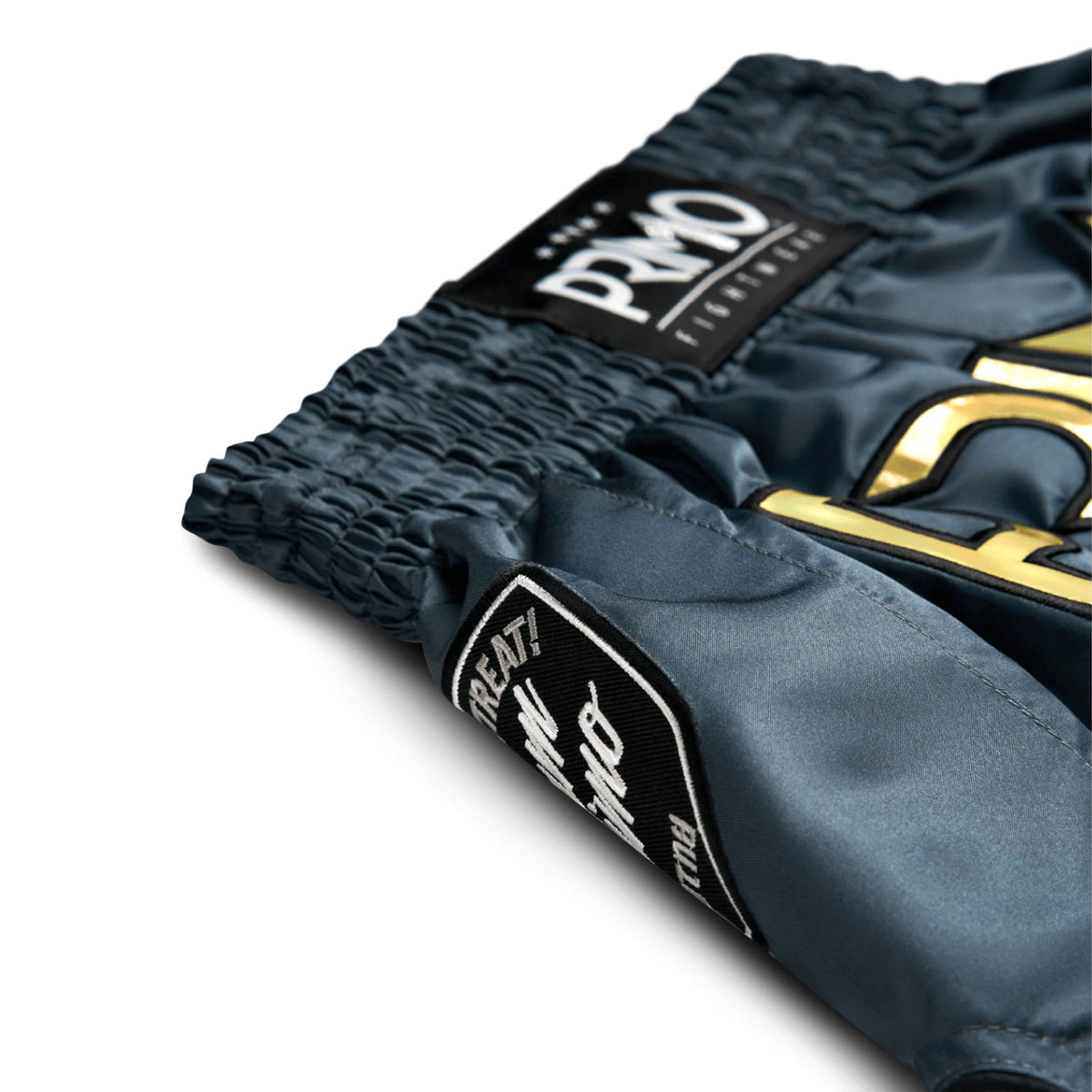 Gray shorts with a brand logo on a white background