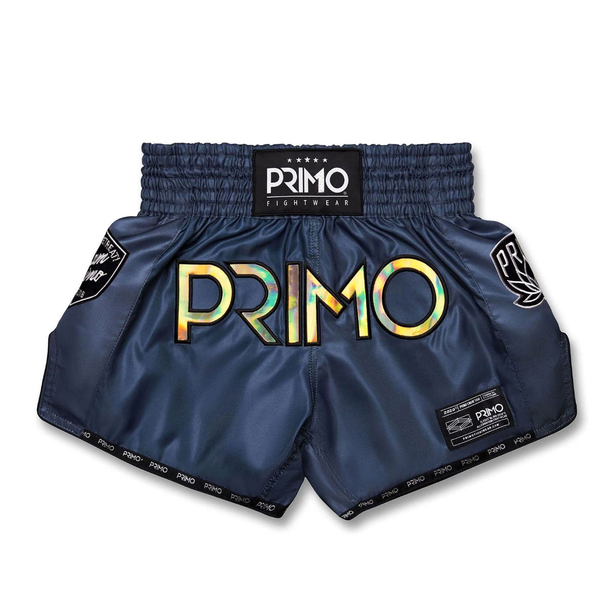 Blue boxing shorts with 'Primo' branding on a white background