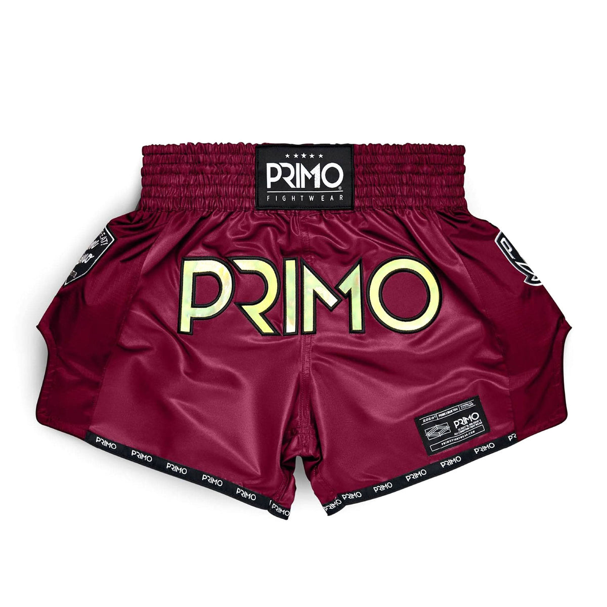 Maroon boxing shorts with 'Primo' branding on a white background