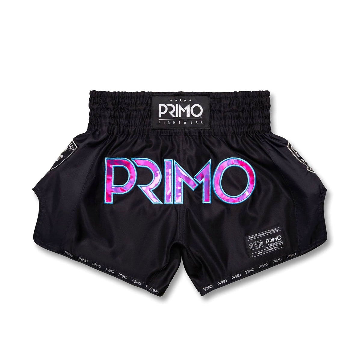 Black Primo fight shorts with colorful 'Primo' logo on a white background