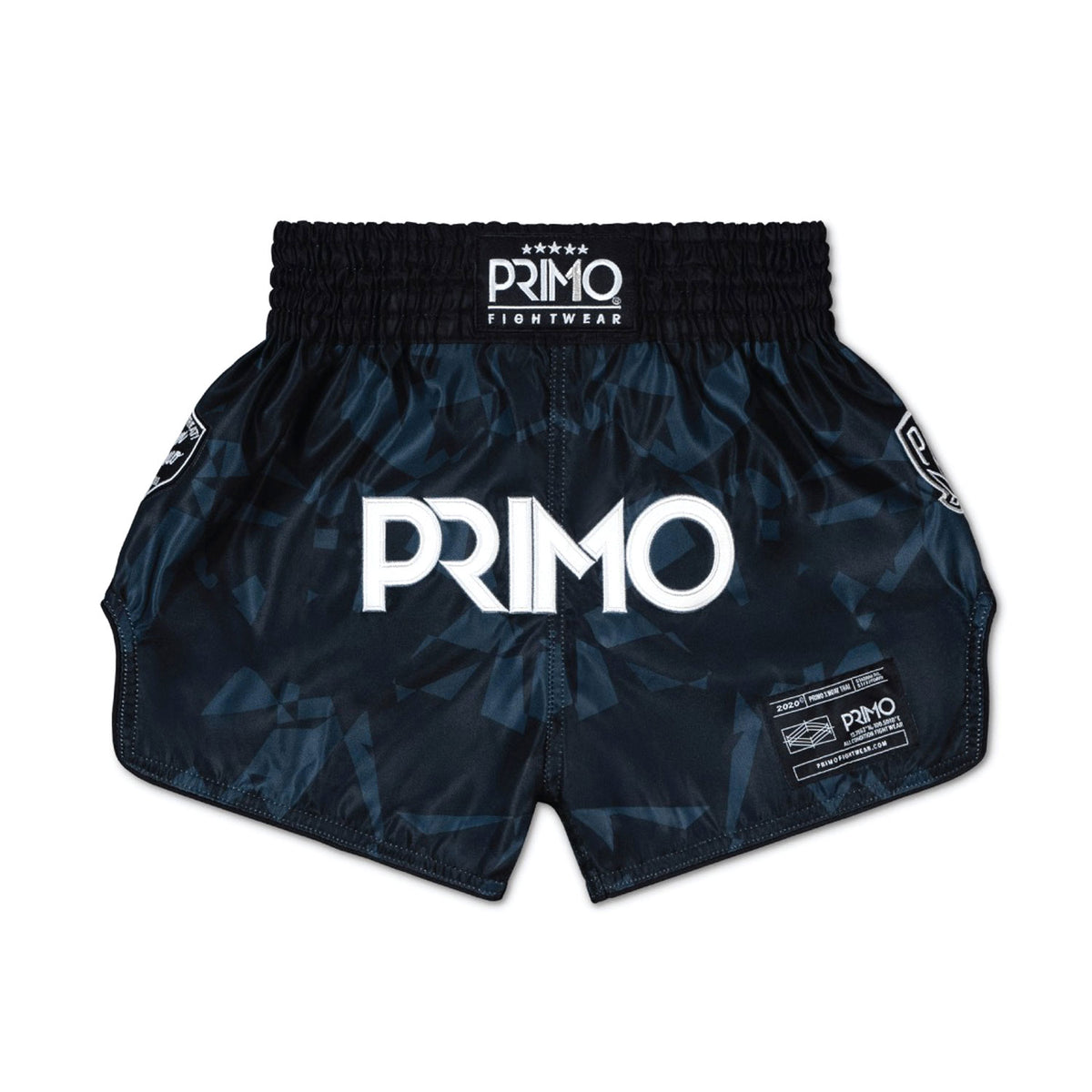 Black athletic shorts with 'Primo' branding on a white background