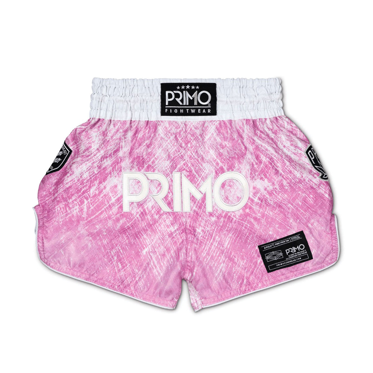 Pink boxing shorts with 'Primo' branding on a white background