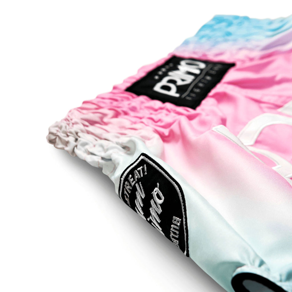 Colorful boxing gloves with a brand logo on a white background