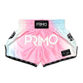 Pink and white boxing shorts with 'Primo' branding on a white background