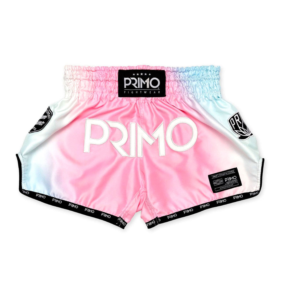 Pink and white boxing shorts with 'Primo' branding on a white background