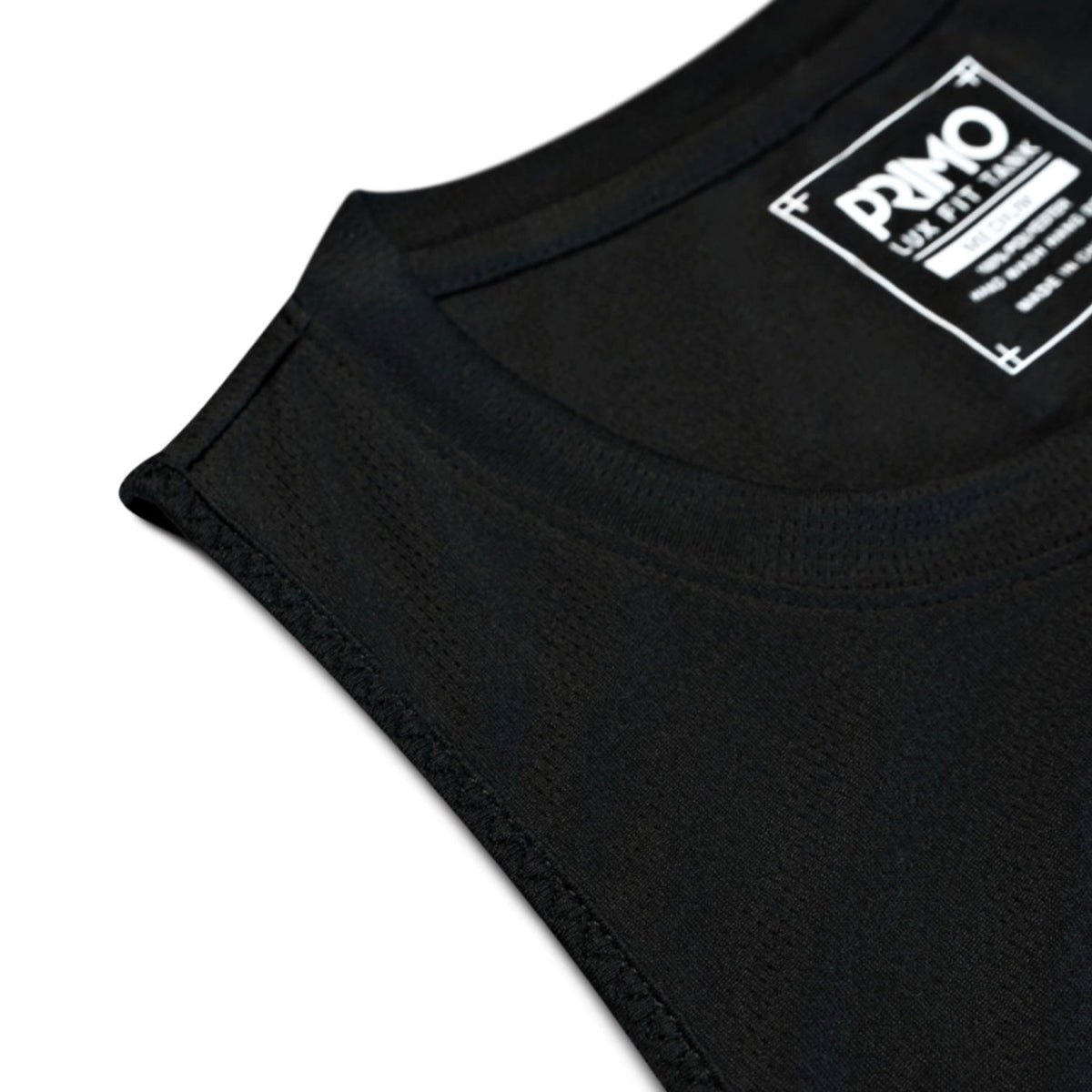 Black sleeveless shirt with a logo on the chest against a white background