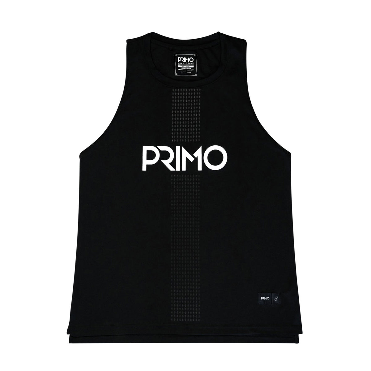 Black sleeveless shirt with 'Primo' branding on a light gray background