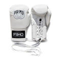 White boxing gloves with Primo Fightwear branding on a white background