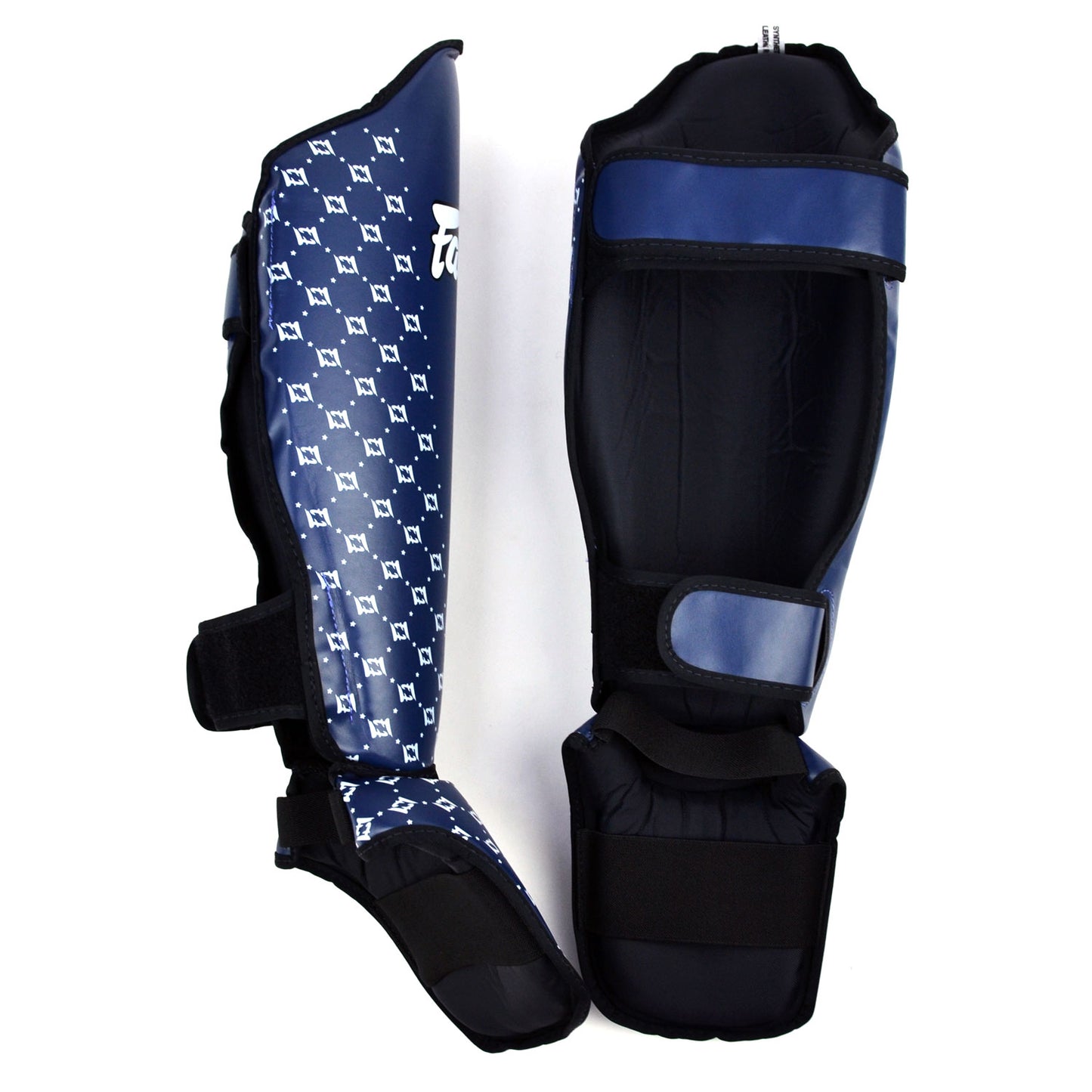 Pair of blue Fairtex shin guards with white patterns on a white background