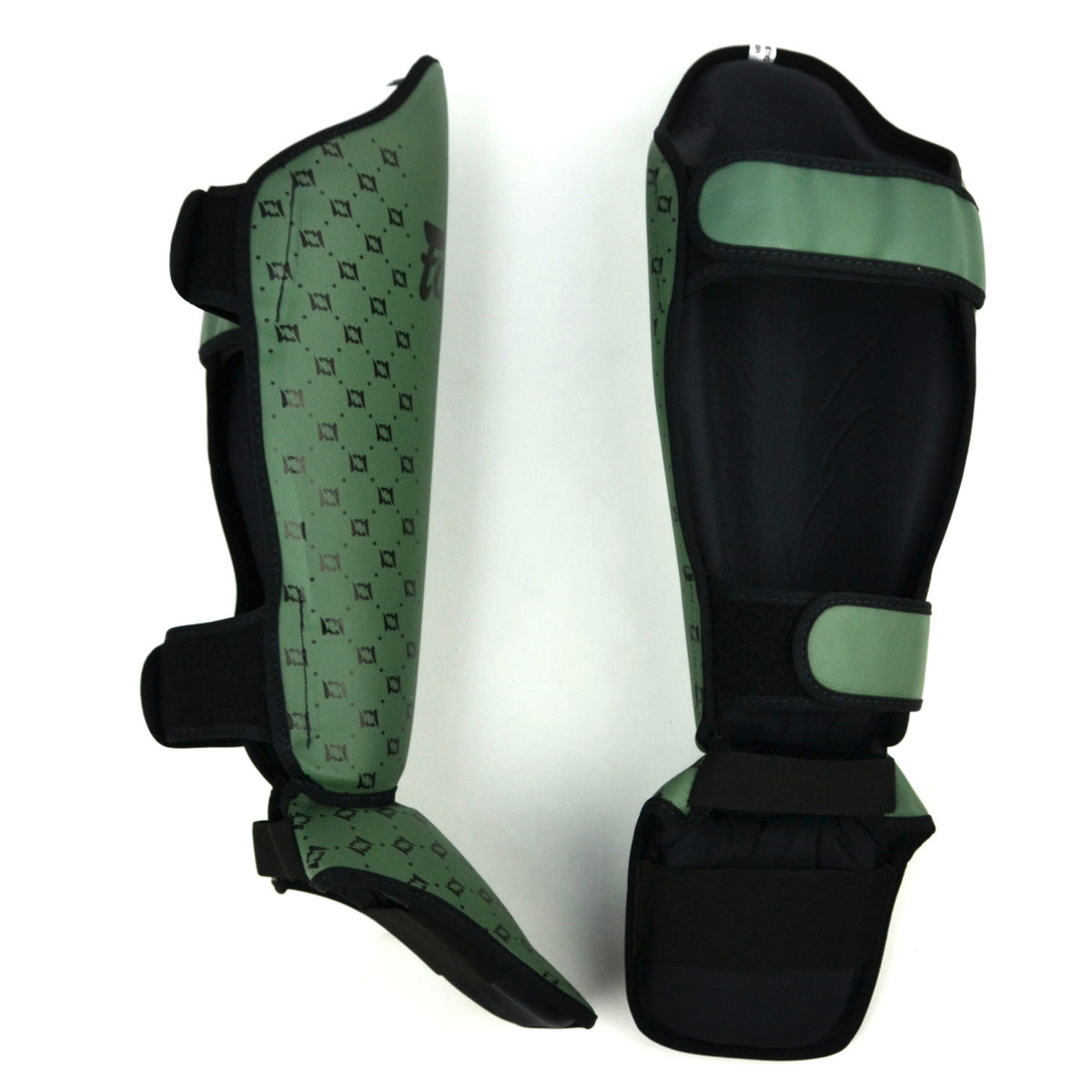 Olive Fairtex shin guards on a white background
