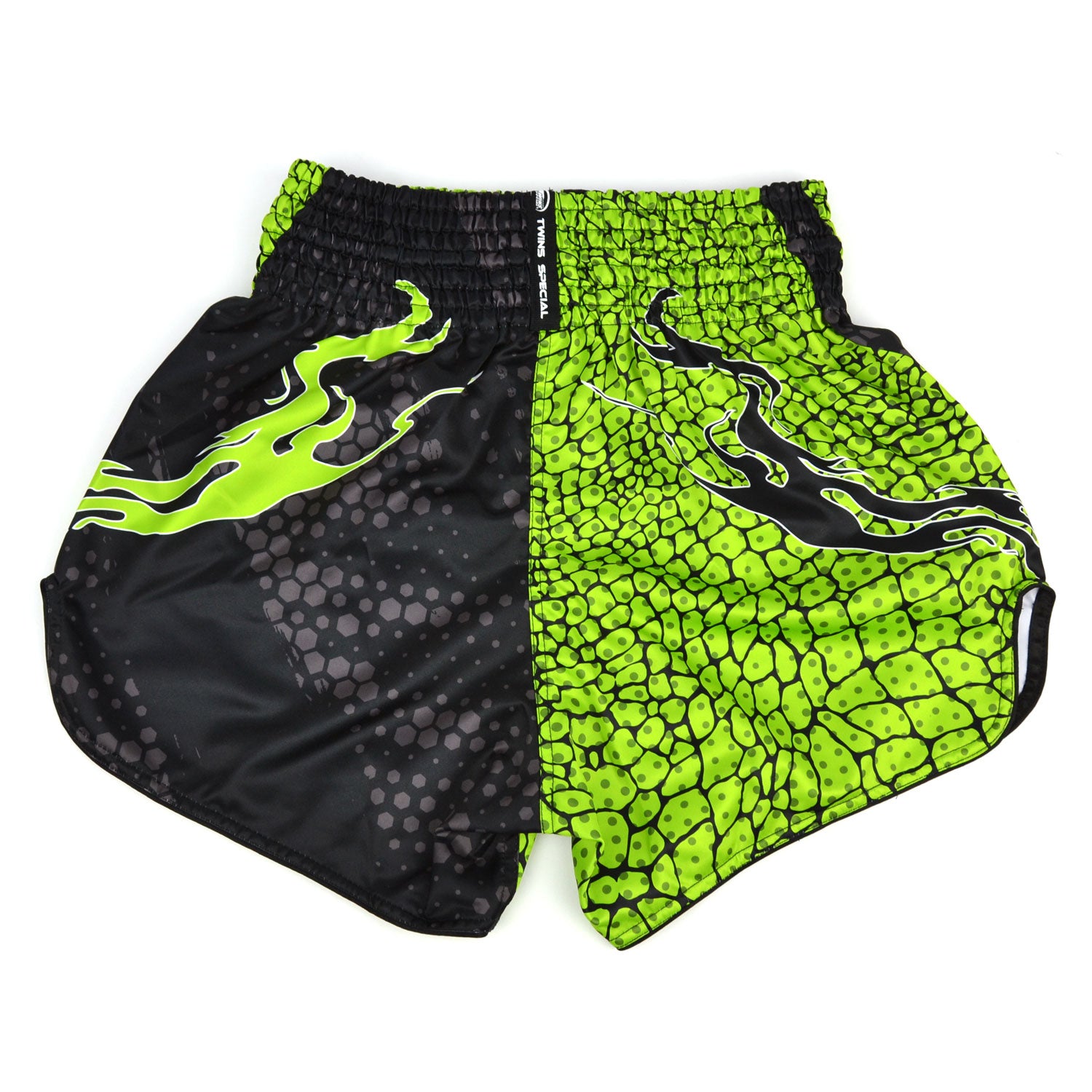 Green and black patterned shorts with 'Twins Special' branding on a white background