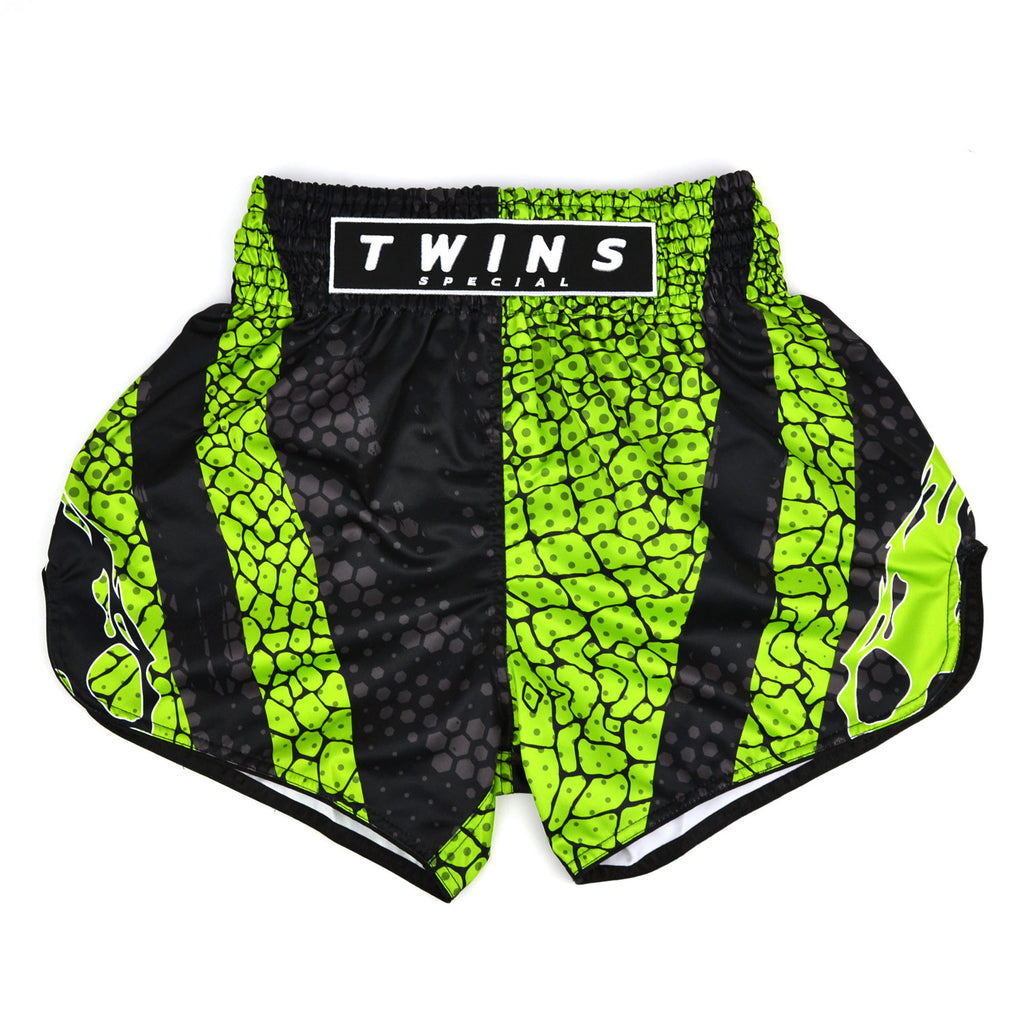 Green and black patterned shorts with 'Twins Special' branding on a white background
