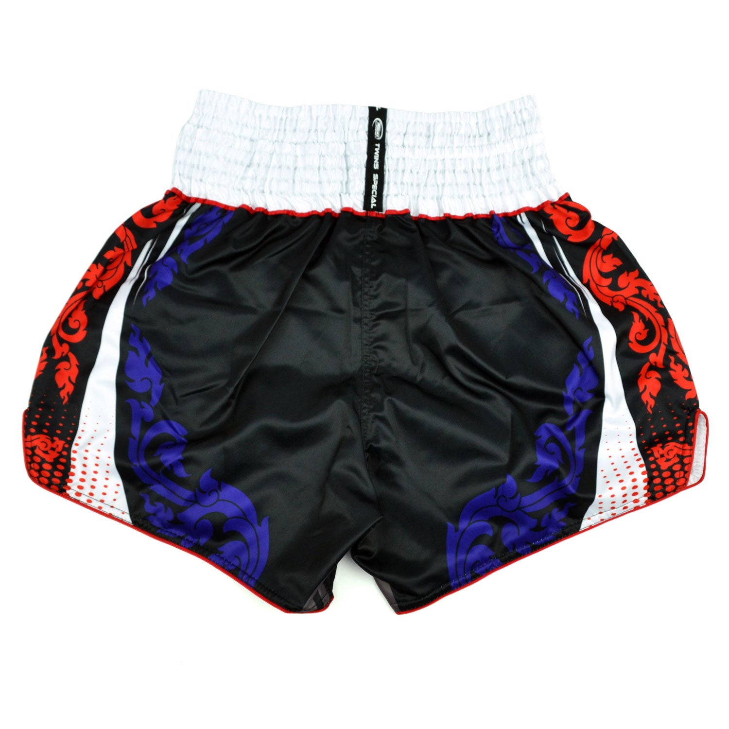 Black boxing shorts with red and blue designs and Twins Special logo on a white background