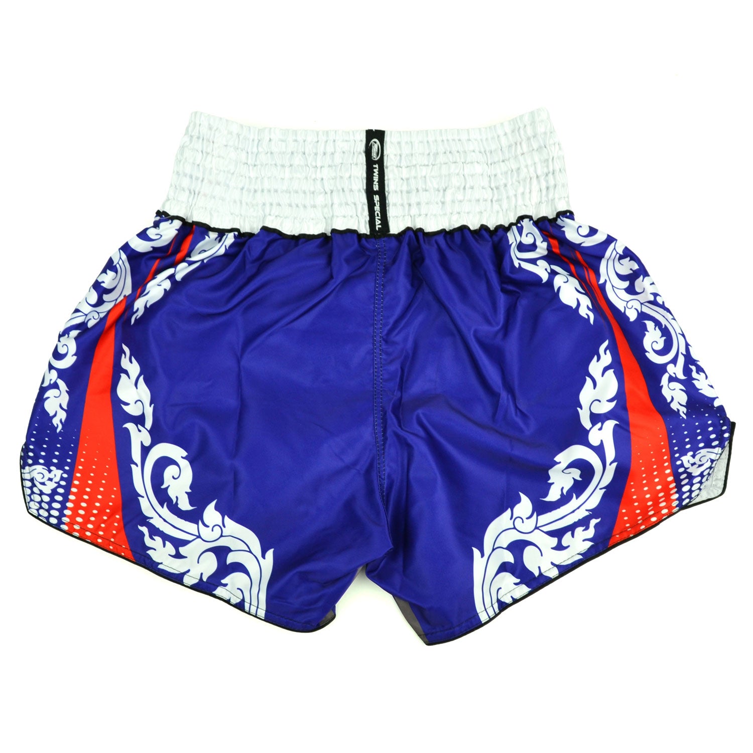 Blue and white Muay Thai shorts with red accents and Twins Special logo on a white background