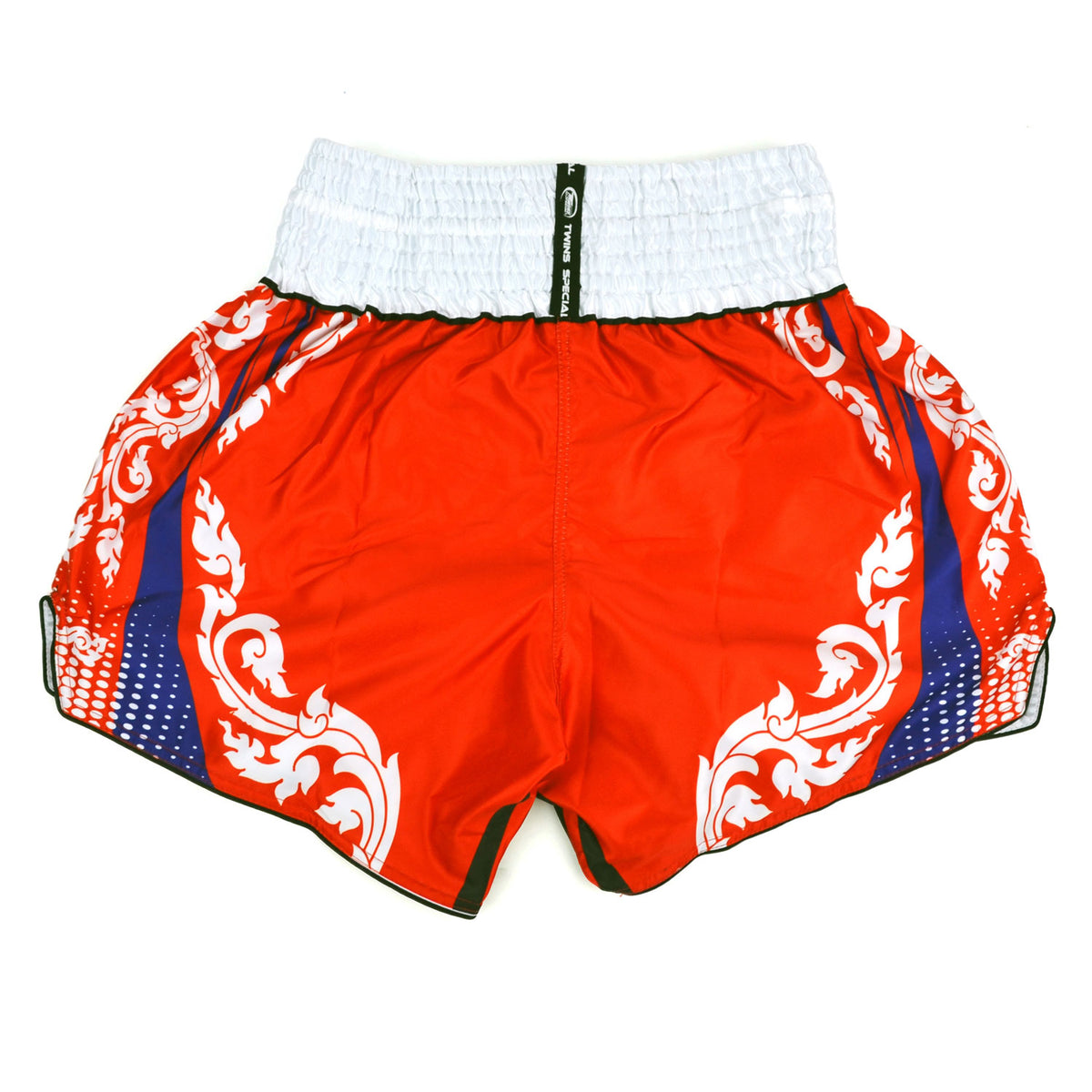 Red boxing shorts with white and blue patterns and 'Twins' branding on a white background