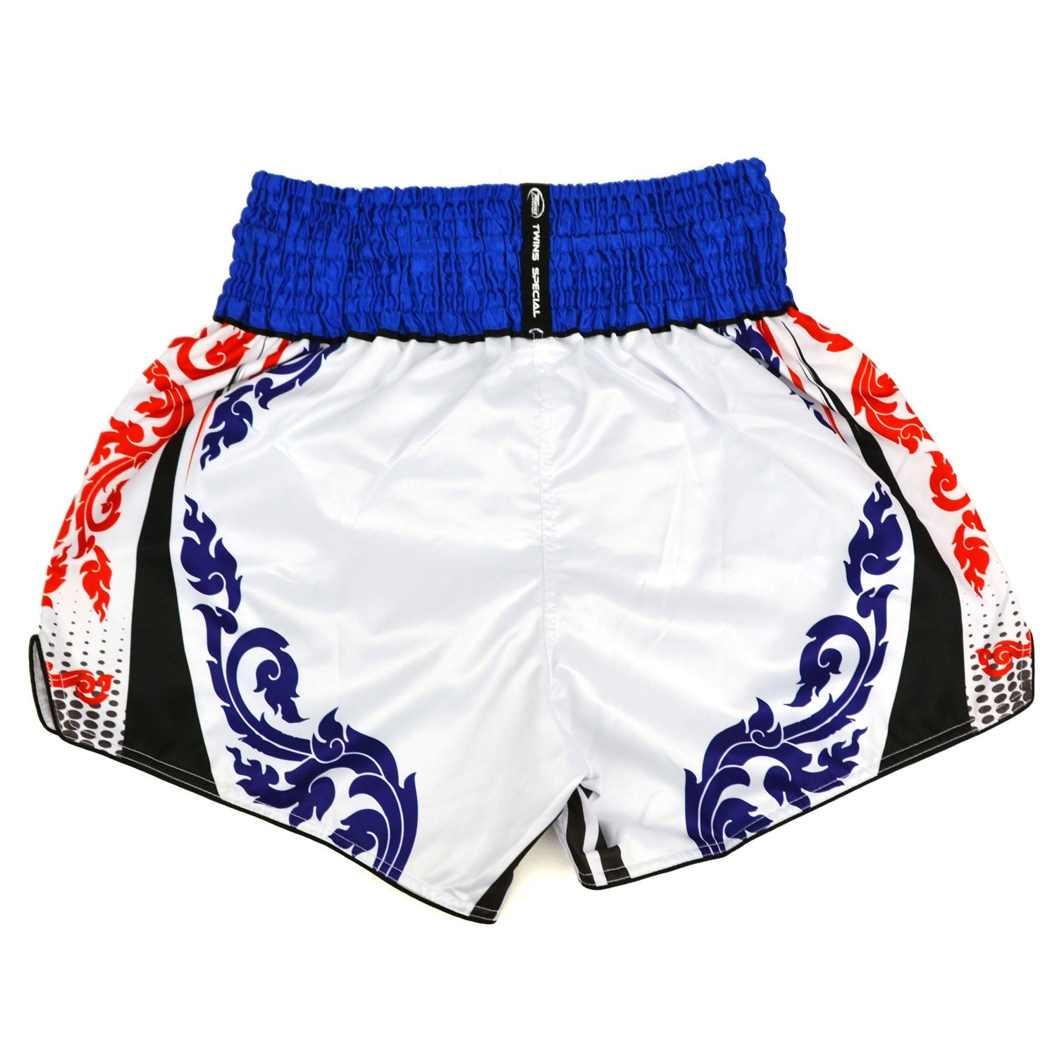 White boxing shorts with blue and red patterns and Twins Special logo on a white background