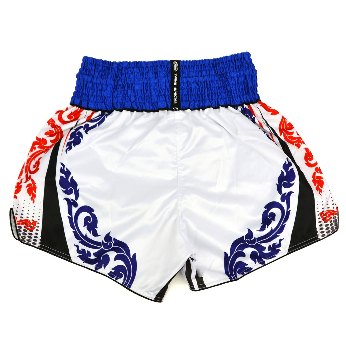 White boxing shorts with blue and red patterns and Twins Special logo on a white background