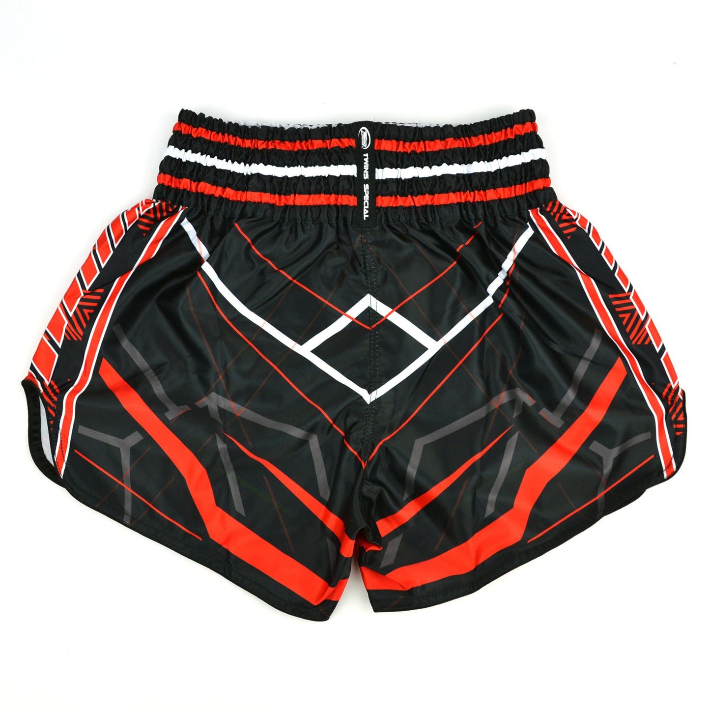 Black and red Twins Special boxing shorts on a white background