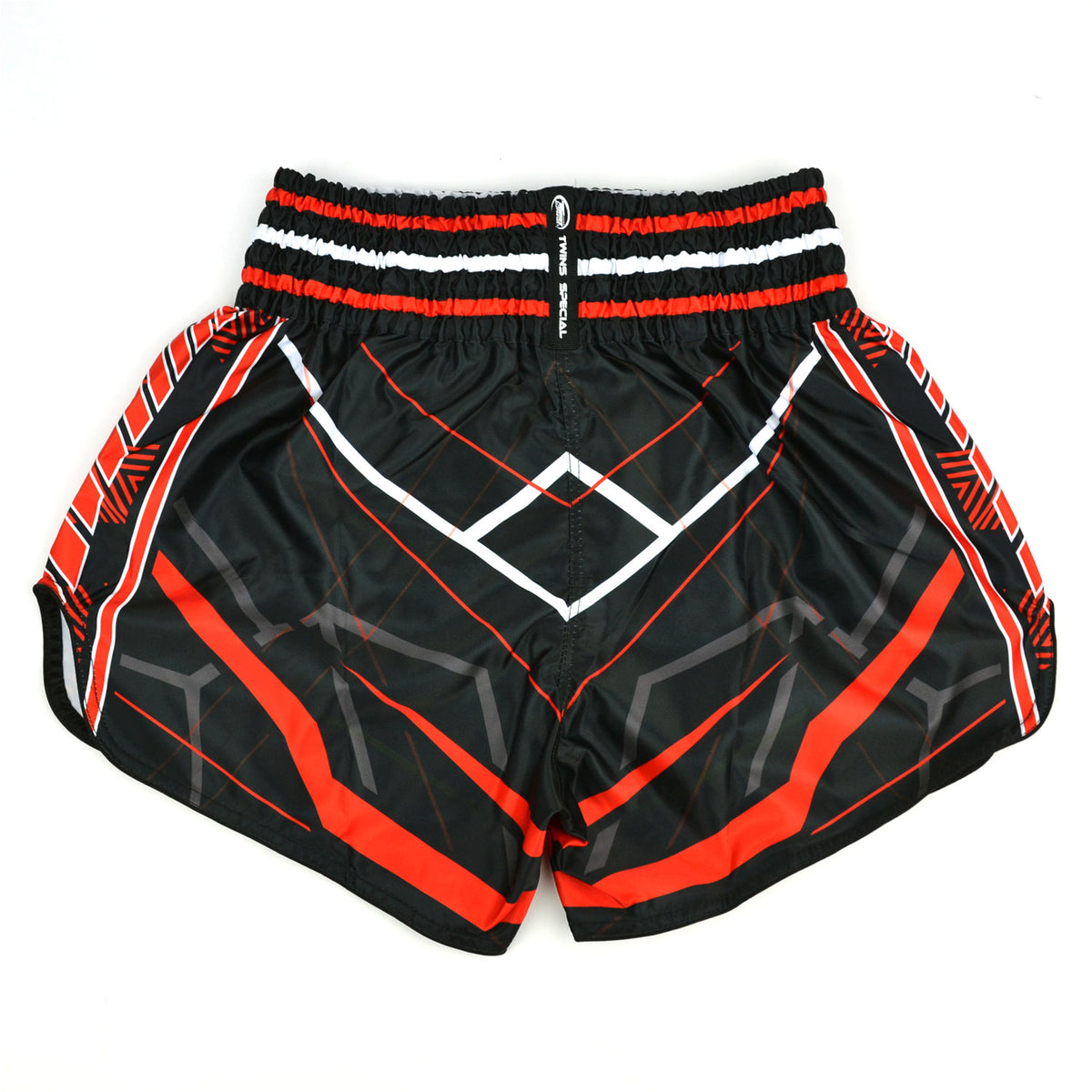 Black and red Twins Special boxing shorts on a white background
