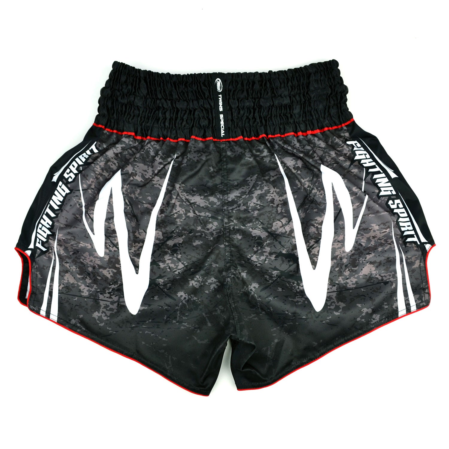 Black Twins Special boxing shorts with white and red text on a white background
