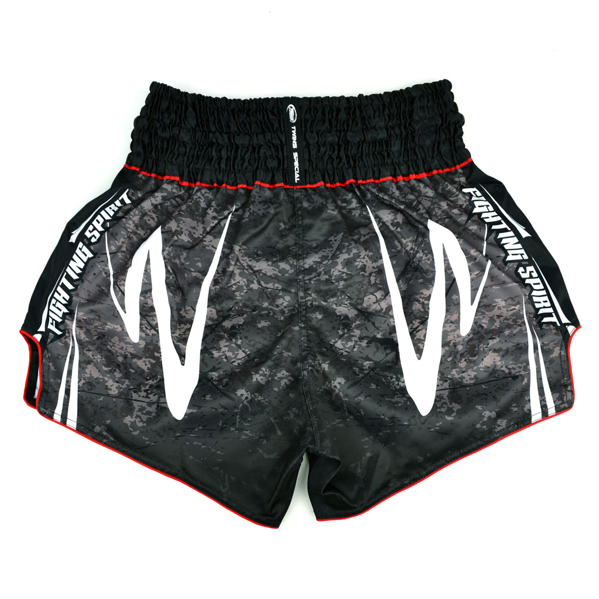 Black Twins Special boxing shorts with white and red text on a white background