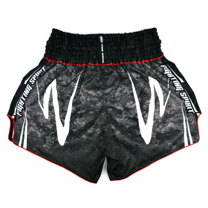 Black Twins Special boxing shorts with white and red text on a white background