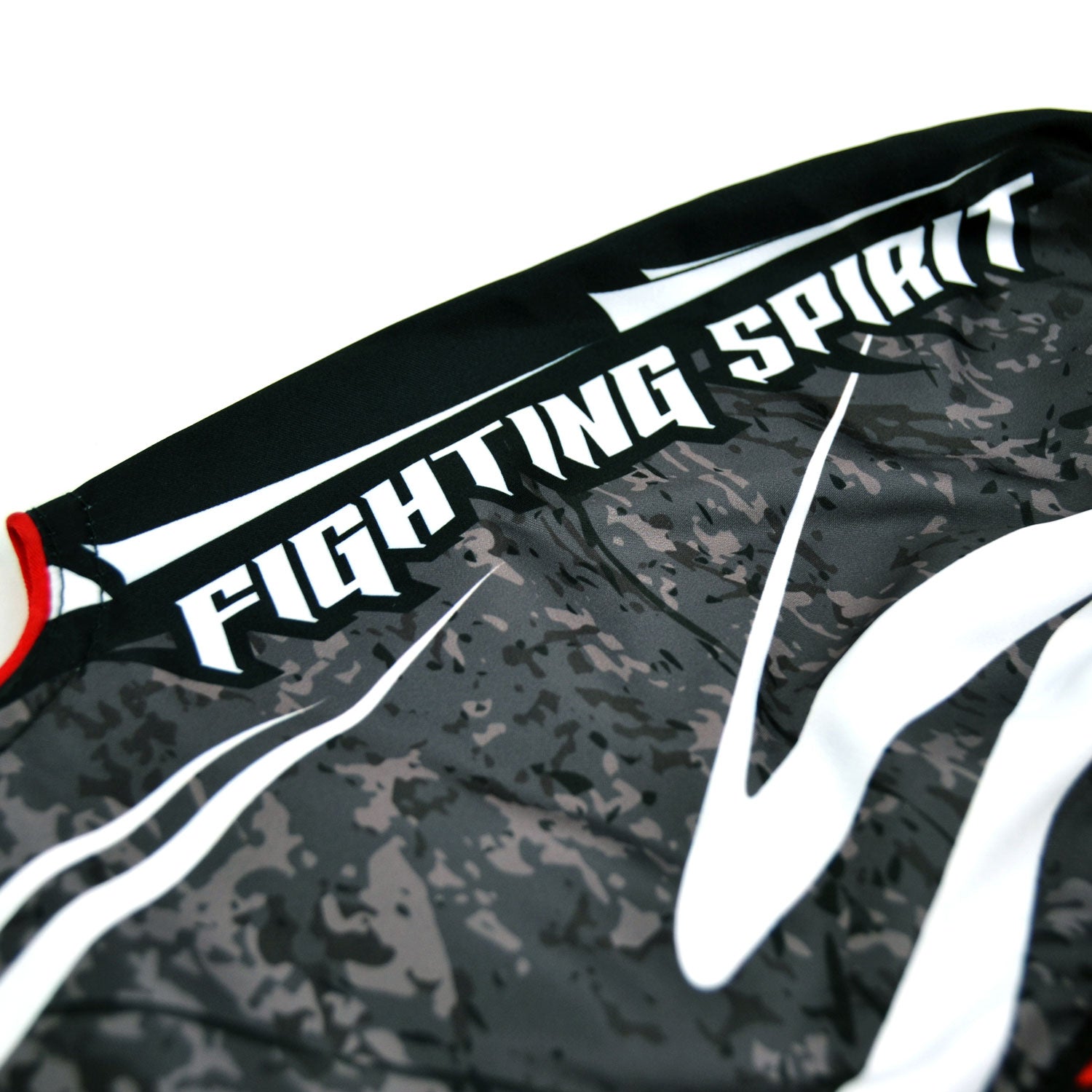 Black Twins Special boxing shorts with white and red text on a white background