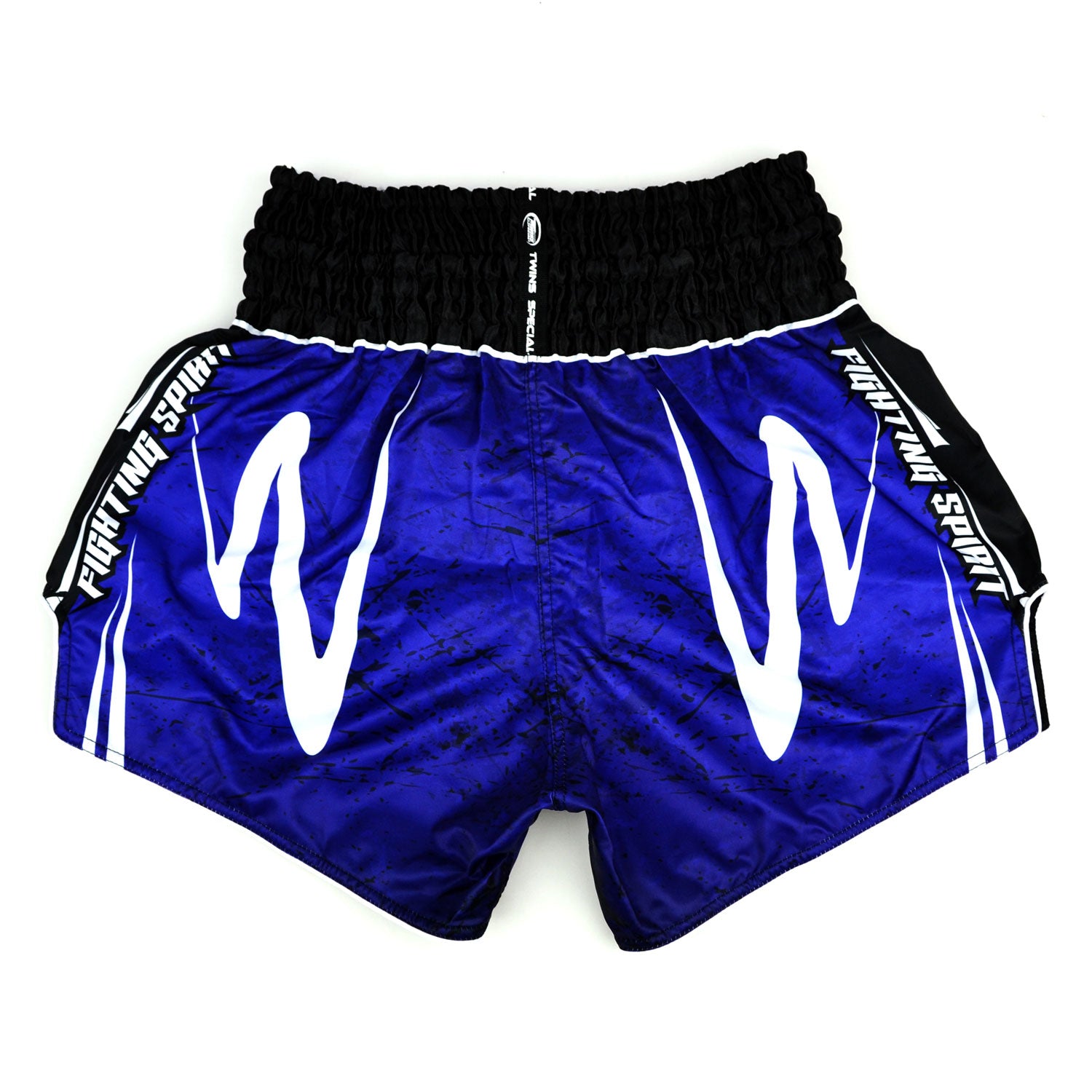 Blue Twins Special boxing shorts with black waistband on a white background