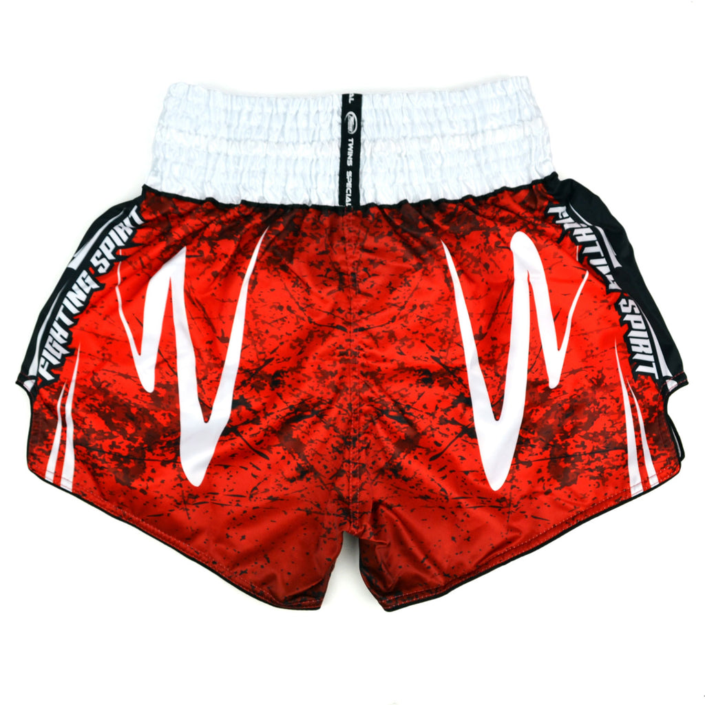 Red and black Twins Special boxing shorts on a white background